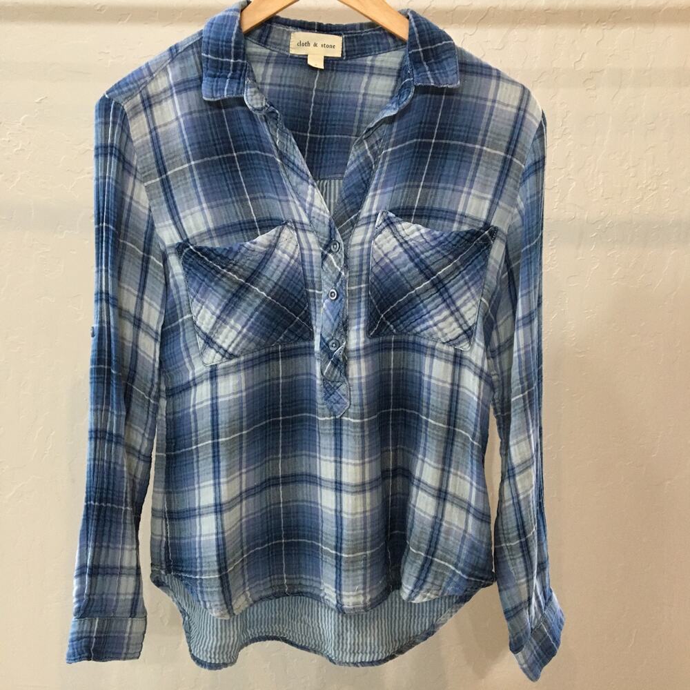 Cloth & Stone Anthropologie Size S Button Down Gauze Blue Plaid 100% Cotton